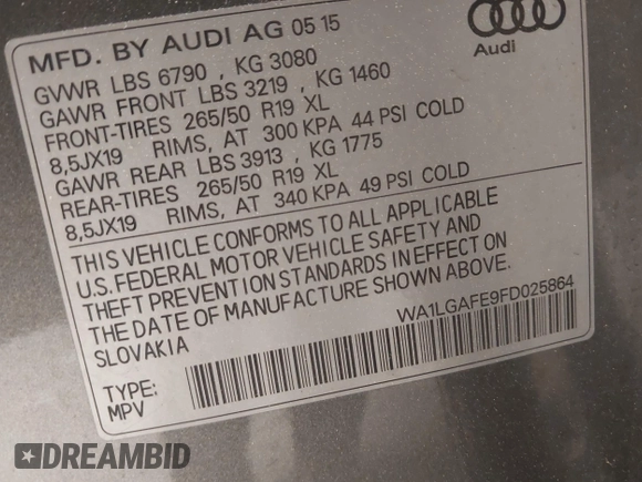 2015 Audi Q7 Premium Plus с VIN WA1LGAFE9FD025864, выставлен на аукционе IAAI как лот 42490868 с пробегом 67 739 миль миль и . История ставок и продаж доступна на DreamBid. Изображение 9.