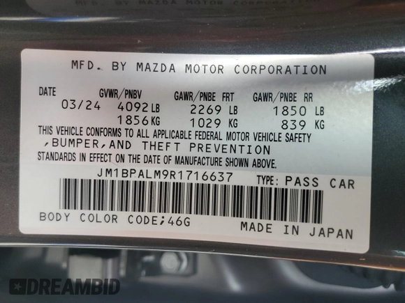 2024 Mazda 3 S Preferred with VIN JM1BPALM9R1716637, listed as a Copart auction lot 58008425 with 9,627 mi miles and Salvage title. Bid and sale history available at DreamBid. Image 12.