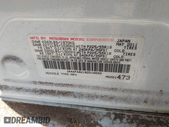 2011 Mitsubishi Outlander Sport SE with VIN JA4AP4AU1BZ016693, listed as a IAAI auction lot 41012527 with 162,310 mi miles. Bid and sale history available at carsss.com. Image 9.