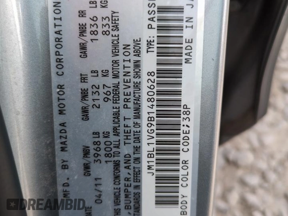 2011 Mazda Mazda3 i Touring with VIN JM1BL1VG9B1480628, listed as a Copart auction lot 52808535 with 151,168 mi miles and Salvage Title. Bid and sale history available at carsss.com. Image 12.