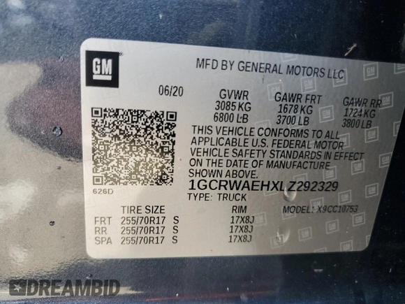 2020 Chevrolet Silverado 1500 Work Truck with VIN 1GCRWAEHXLZ292329, listed as a Copart auction lot 50913255 with 70,533 mi miles and Salvage Title. Bid and sale history available at DreamBid. Image 12.