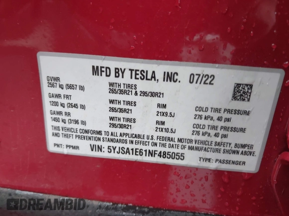 2022 Tesla Model S Plaid z VIN 5YJSA1E61NF485055, wystawiony jako IAAI lot #41751134 z przebiegiem Nie podano mil oraz . Historia ofert i sprzedaży dostępna na DreamBid. Obrazek 9.