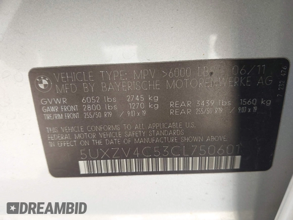 2012 BMW X5 35i с VIN 5UXZV4C53CL750601, выставлен на аукционе IAAI как лот 41946731 с пробегом 111 026 миль миль и . История ставок и продаж доступна на DreamBid. Изображение 9.