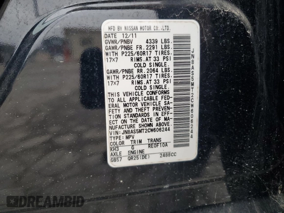 2012 Nissan Rogue S with VIN JN8AS5MT2CW606244, listed as a Copart auction lot 51922435 with 143,549 mi miles and Clean Title. Bid and sale history available at DreamBid. Image 12.