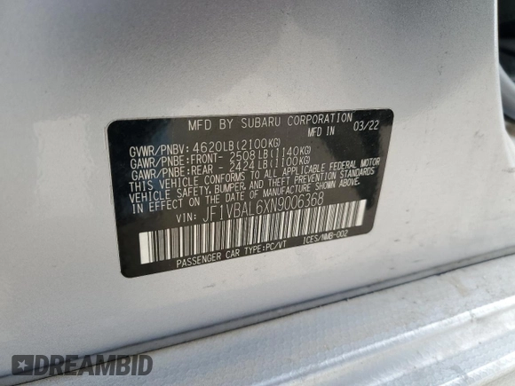 2022 Subaru WRX Limited with VIN JF1VBAL6XN9006368, listed as a Copart auction lot 47396125 with 16,087 mi miles and Salvage Title. Bid and sale history available at carsss.com. Image 12.