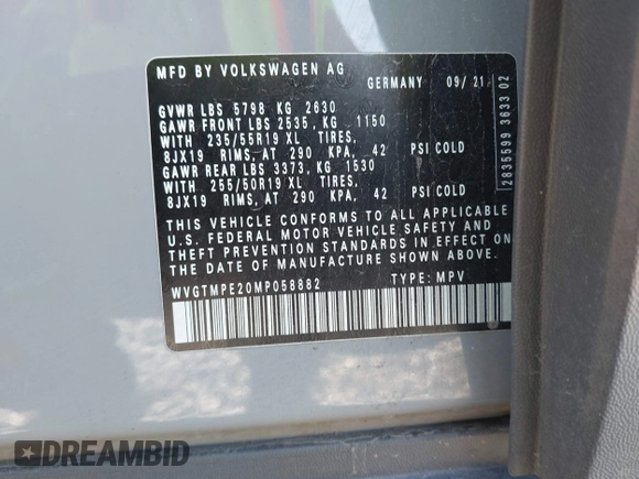 2021 Volkswagen ID.4 Pro S z VIN WVGTMPE20MP058882, wystawiony jako IAAI lot #42317440 z przebiegiem 64 473 mil mil oraz . Historia ofert i sprzedaży dostępna na DreamBid. Obrazek 9.