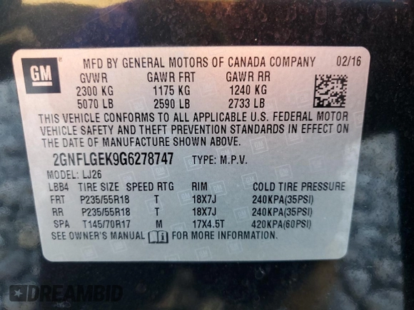2016 Chevrolet Equinox LTZ with VIN 2GNFLGEK9G6278747, listed as a Copart auction lot 56234185 with 155,942 mi miles and Salvage title. Bid and sale history available at DreamBid. Image 13.