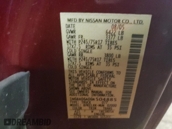 2006 Nissan Titan XE with VIN 1N6BA06A06N504885, listed as a Copart auction lot 88581055 with Not provided miles and Clean title. Bid and sale history available at DreamBid. Image 12.
