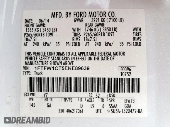 2014 Ford F-150 XL with VIN 1FTFW1CT5EKE89639, listed as a Copart auction lot 51458055 with 193,508 mi miles and Salvage Title. Bid and sale history available at DreamBid. Image 13.