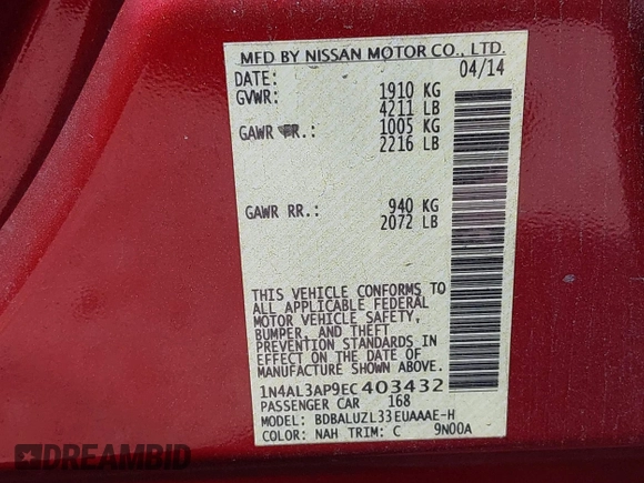 2014 Nissan Altima SL with VIN 1N4AL3AP9EC403432, listed as a IAAI auction lot 41833730 with 122,731 mi miles and . Bid and sale history available at DreamBid. Image 9.