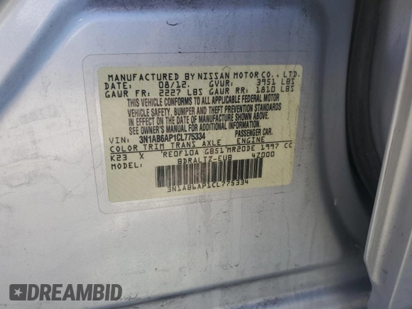 2012 Nissan Sentra SR with VIN 3N1AB6AP1CL775334, listed as a Copart auction lot 52994685 with 80,956 mi miles and Salvage Title. Bid and sale history available at DreamBid. Image 12.