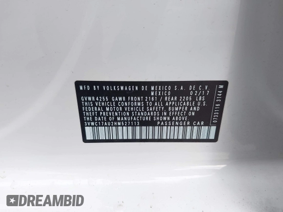 2017 Volkswagen Golf S z VIN 3VWC17AU2HM527113, wystawiony jako IAAI lot #41713423 z przebiegiem 47 796 mil mil oraz . Historia ofert i sprzedaży dostępna na DreamBid. Obrazek 9.