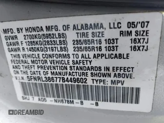 2007 Honda Odyssey EX-L z VIN 5FNRL38677B449602, wystawiony jako IAAI lot #42030774 z przebiegiem 179 563 mil mil oraz . Historia ofert i sprzedaży dostępna na DreamBid. Obrazek 9.