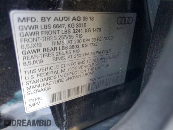 2019 Audi Q7 Premium with VIN WA1AAAF7XKD008723, listed as a Copart auction lot 41362765 with 87,175 mi miles and Salvage title. Bid and sale history available at DreamBid. Image 13.