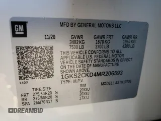 2021 GMC Yukon AT4 with VIN 1GKS2CKD4MR206593, listed as a Copart auction lot 42100765 with 75,930 mi miles and Salvage Title. Bid and sale history available at carsss.com. Image 13.