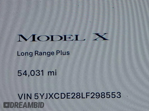 2020 Tesla Model X Long Range with VIN 5YJXCDE28LF298553, listed as a IAAI auction lot 40863184 with 54,031 mi miles and . Bid and sale history available at DreamBid. Image 15.