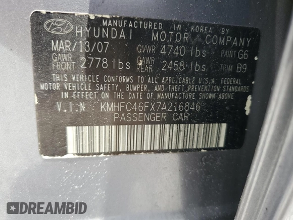 2007 Hyundai Azera SE with VIN KMHFC46FX7A216846, listed as a Copart auction lot 60035695 with 197,201 mi miles and Salvage title. Bid and sale history available at DreamBid. Image 12.