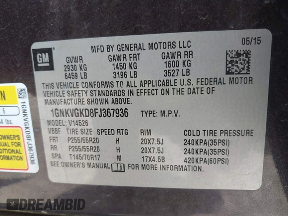 2015 Chevrolet Traverse LT с VIN 1GNKVGKD8FJ367936, выставлен на аукционе IAAI как лот 42650117 с пробегом 92 053 миль миль и . История ставок и продаж доступна на DreamBid. Изображение 9.
