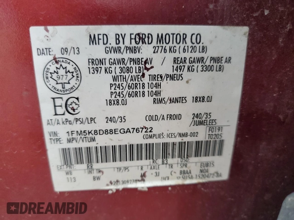 2014 Ford Explorer XLT z VIN 1FM5K8D88EGA76722, wystawiony jako Copart lot #54933635 z przebiegiem 172 176 mil mil oraz Szkody całkowita. Historia ofert i sprzedaży dostępna na DreamBid. Obrazek 13.