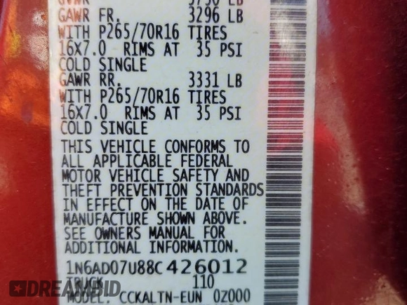2008 Nissan Frontier SE z VIN 1N6AD07U88C426012, wystawiony jako Copart lot #52156695 z przebiegiem 172 886 mil mil oraz Szkoda całkowita • Salvage title. Historia ofert i sprzedaży dostępna na DreamBid. Obrazek 14.