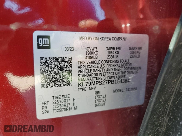 2023 Chevrolet TrailBlazer LT with VIN KL79MPS27PB154364, listed as a Copart auction lot 44569465 with 44,796 mi miles and Salvage Title. Bid and sale history available at DreamBid. Image 16.