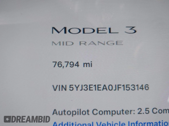 2018 Tesla Model 3 Long Range Battery with VIN 5YJ3E1EA0JF153146, listed as a IAAI auction lot 41621919 with 76,794 mi miles and . Bid and sale history available at DreamBid. Image 15.