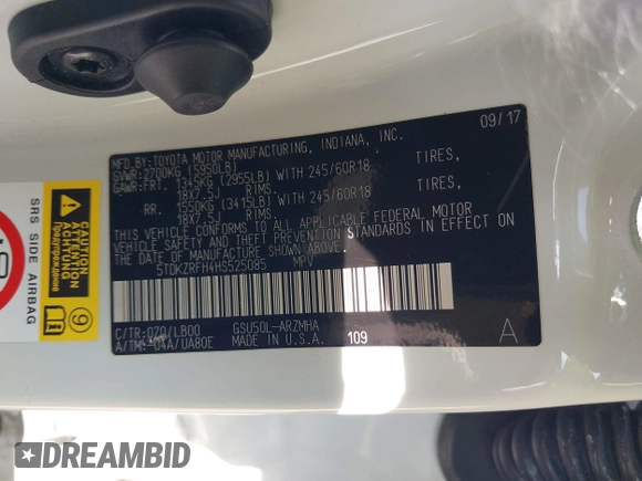 2017 Toyota Highlander XLE with VIN 5TDKZRFH4HS525085, listed as a IAAI auction lot 42506385 with 84,581 mi miles and . Bid and sale history available at DreamBid. Image 9.