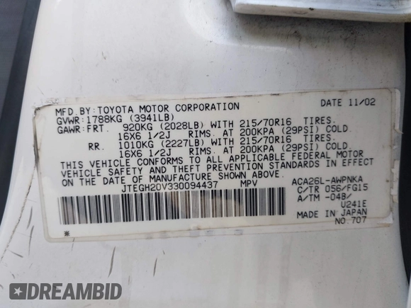 2003 Toyota RAV4 with VIN JTEGH20V330094437, listed as a IAAI auction lot 41960989 with 195,887 mi miles and . Bid and sale history available at DreamBid. Image 9.