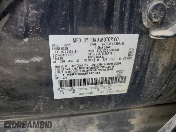 2021 Ford Explorer with VIN 1FMSK7BH6MGA26884, listed as a Copart auction lot 45378165 with 67,407 mi miles and Salvage Title. Bid and sale history available at carsss.com. Image 14.