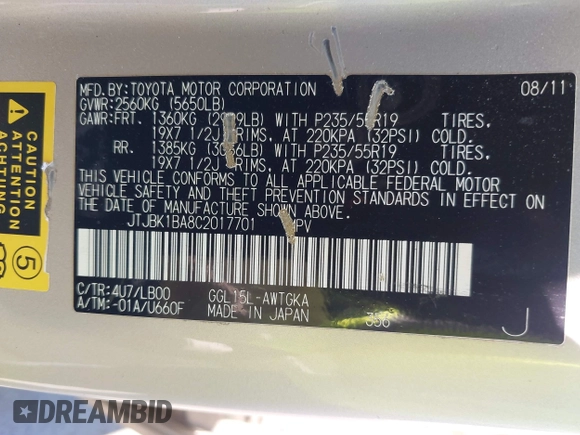 2012 Lexus RX 350 с VIN JTJBK1BA8C2017701, выставлен на аукционе IAAI как лот 42620430 с пробегом 123 554 миль миль и . История ставок и продаж доступна на DreamBid. Изображение 9.