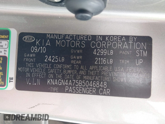 2011 Kia Optima EX with VIN KNAGN4A75B5046848, listed as a IAAI auction lot 41882138 with 81,800 mi miles and . Bid and sale history available at carsss.com. Image 9.