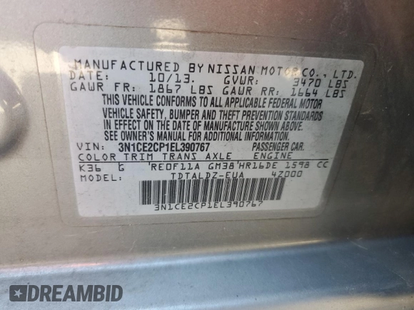 2014 Nissan Note SV with VIN 3N1CE2CP1EL390767, listed as a Copart auction lot 54582455 with 151,817 mi miles and Clean Title. Bid and sale history available at DreamBid. Image 12.