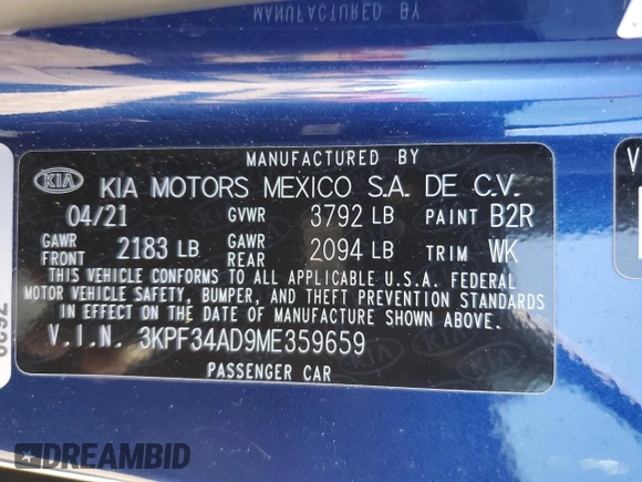 2021 Kia Forte GT-Line with VIN 3KPF34AD9ME359659, listed as a Copart auction lot 61551812 with 9,781 mi miles and Salvage title. Bid and sale history available at DreamBid. Image 10.