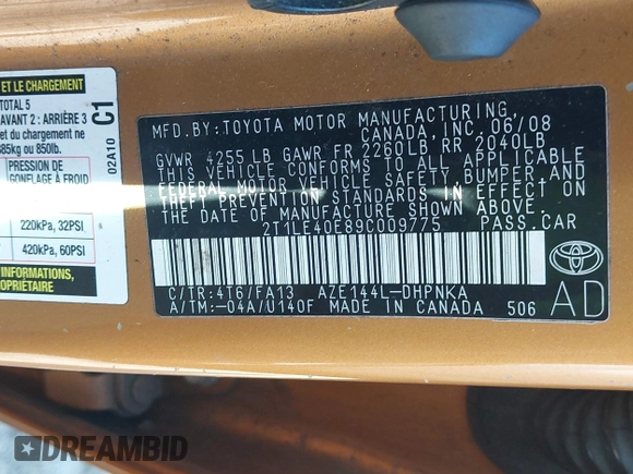2009 Toyota Matrix S with VIN 2T1LE40E89C009775, listed as a IAAI auction lot 42086039 with 220,832 mi miles. Bid and sale history available at carsss.com. Image 9.