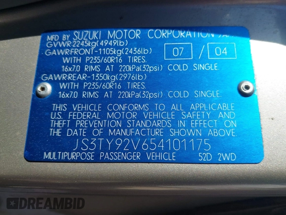 2005 Suzuki XL7 LX с VIN JS3TY92V654101175, выставлен на аукционе IAAI как лот 41877926 с пробегом 197 899 миль миль и . История ставок и продаж доступна на DreamBid. Изображение 9.