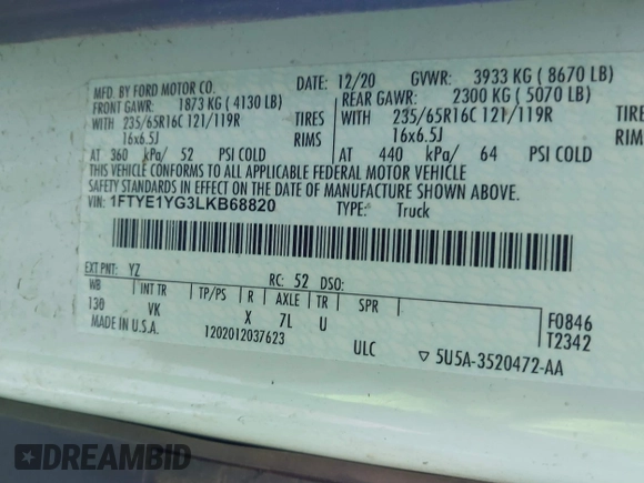 2020 Ford Transit Cargo with VIN 1FTYE1YG3LKB68820, listed as a IAAI auction lot 41340717 with 112,701 mi miles and . Bid and sale history available at DreamBid. Image 9.