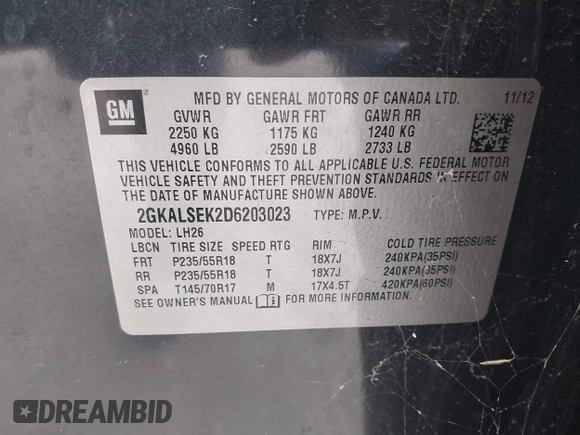 2013 GMC Terrain SLE with VIN 2GKALSEK2D6203023, listed as a IAAI auction lot 42191467 with 126,526 mi miles and . Bid and sale history available at DreamBid. Image 9.