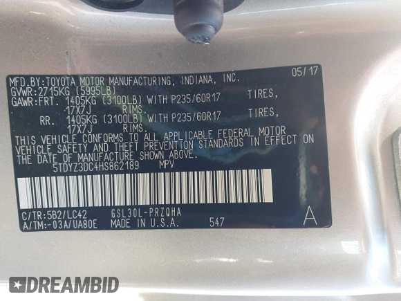 2017 Toyota Sienna XLE Auto Access Seat with VIN 5TDYZ3DC4HS862189, listed as a IAAI auction lot 41989366 with 58,879 mi miles. Bid and sale history available at carsss.com. Image 9.