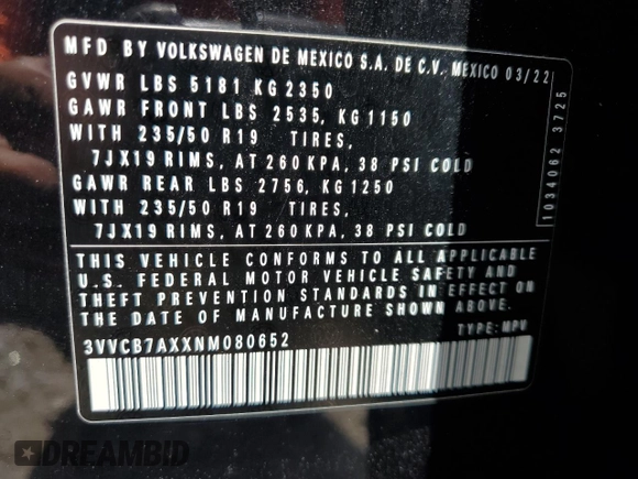 2022 Volkswagen Tiguan SE R-Line Black z VIN 3VVCB7AXXNM080652, wystawiony jako Copart lot #51249185 z przebiegiem 53 996 mil mil oraz Nie do naprawy • Non repairable. Historia ofert i sprzedaży dostępna na DreamBid. Obrazek 14.