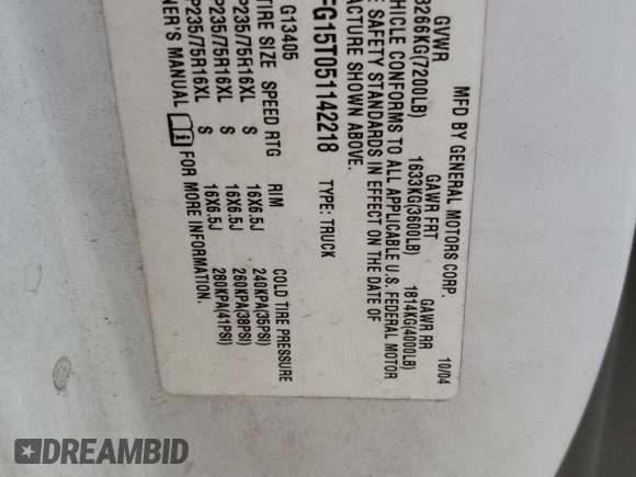 2005 Chevrolet Express Cargo with VIN 1GCFG15T051142218, listed as a Copart auction lot 57409005 with 185,725 mi miles and Salvage title. Bid and sale history available at DreamBid. Image 13.