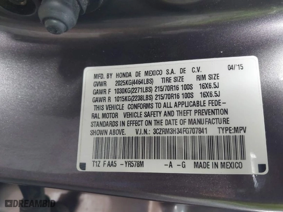 2015 Honda CR-V LX with VIN 3CZRM3H34FG707841, listed as a IAAI auction lot 41654996 with 133,894 mi miles. Bid and sale history available at carsss.com. Image 9.