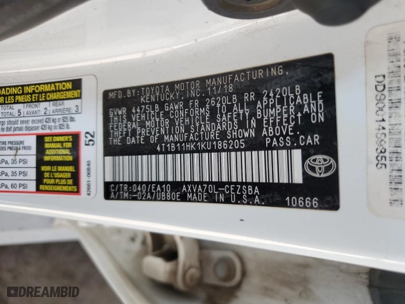 2019 Toyota Camry LE with VIN 4T1B11HK1KU186205, listed as a Copart auction lot 52455625 with 122,099 mi miles and Salvage Title. Bid and sale history available at carsss.com. Image 12.