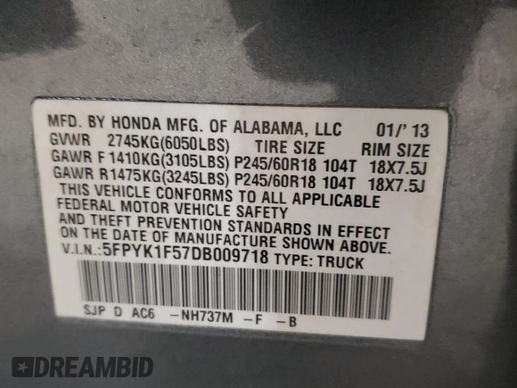 2013 Honda Ridgeline RTL with VIN 5FPYK1F57DB009718, listed as a Copart auction lot 55763435 with Not provided miles and Salvage title. Bid and sale history available at DreamBid. Image 13.
