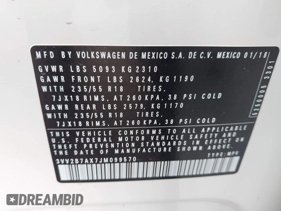 2018 Volkswagen Tiguan SEL with VIN 3VV2B7AX7JM099570, listed as a IAAI auction lot 42374274 with 87,838 mi miles and . Bid and sale history available at DreamBid. Image 9.