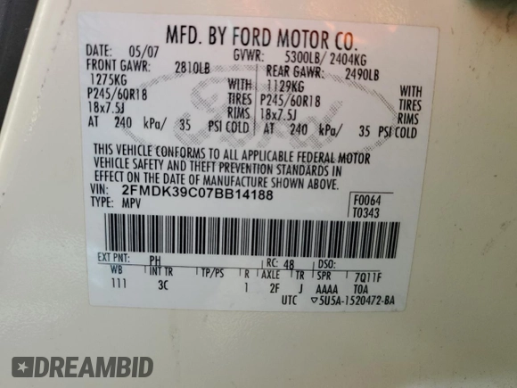 2007 Ford Edge SEL PLUS with VIN 2FMDK39C07BB14188, listed as a Copart auction lot 50820915 with 131,169 mi miles and Salvage Title. Bid and sale history available at carsss.com. Image 14.