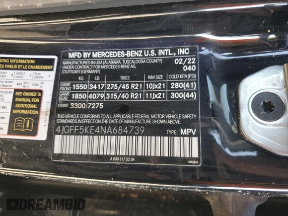 2022 Mercedes-Benz GLS 450 with VIN 4JGFF5KE4NA684739, listed as a Copart auction lot 51944045 with Not Provided miles and Salvage Title. Bid and sale history available at DreamBid. Image 14.