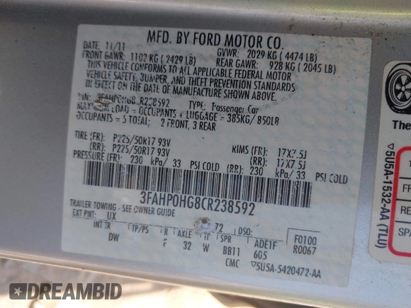 2012 Ford Fusion SE with VIN 3FAHP0HG8CR238592, listed as a IAAI auction lot 42744866 with 201,919 mi miles and . Bid and sale history available at DreamBid. Image 9.