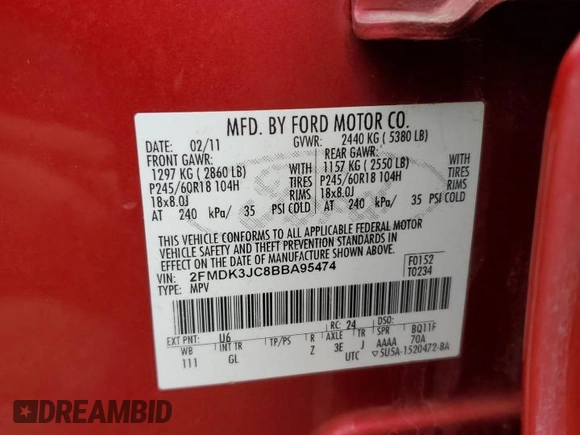 2011 Ford Edge SEL with VIN 2FMDK3JC8BBA95474, listed as a Copart auction lot 51324195 with 159,343 mi miles and Salvage Title. Bid and sale history available at carsss.com. Image 13.