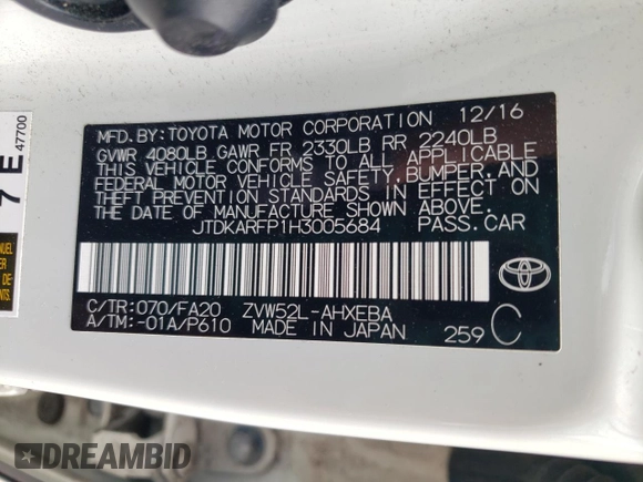 2017 Toyota Prius Plus with VIN JTDKARFP1H3005684, listed as a Copart auction lot 55141105 with 36,379 mi miles and Salvage Title. Bid and sale history available at DreamBid. Image 12.