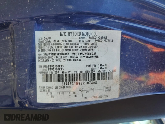 2005 Ford Focus S with VIN 3FAFP31N95R107868, listed as a Copart auction lot 85765944 with 189,739 mi miles and Salvage Title. Bid and sale history available at carsss.com. Image 12.